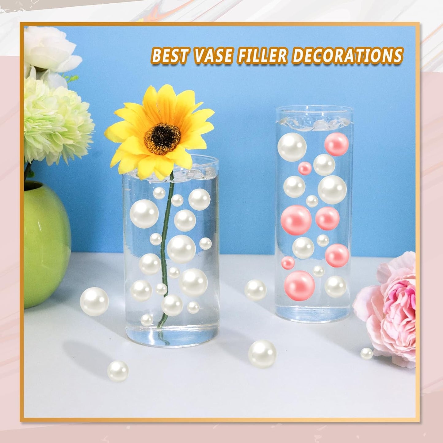 300Pcs Vase Filler Ivory No Hole Faux Pearl Beads for Vase Filling Decorations, Candle Centerpieces, Wedding Centerpieces, Home Party Decor (8/14/20mm)