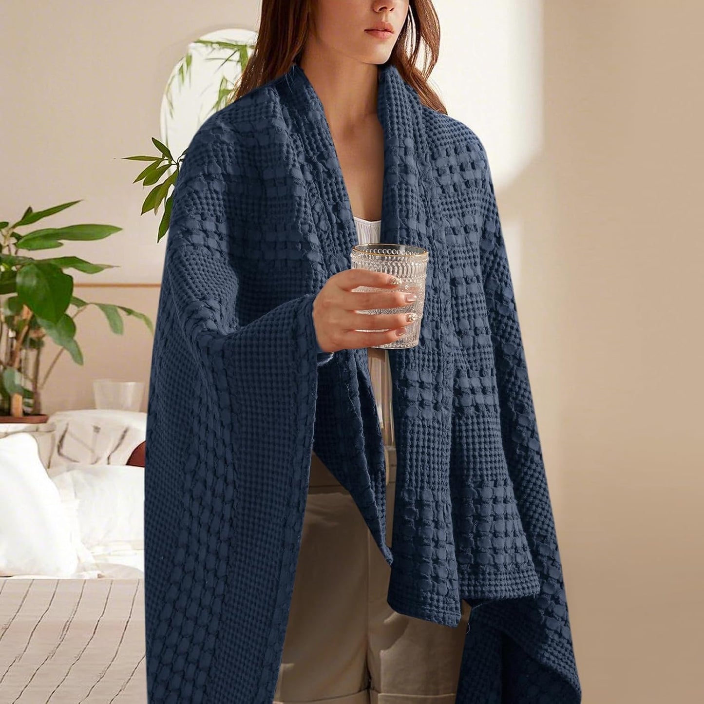 PHF 100% Cotton Waffle Weave Throw Blanket, Soft Lightweight Breathable Cozy Throws for Couch Bed Sofa, Luxury Aesthetic Woven Blanket for Home Decor & Office, 50"x60", Dark Navy
