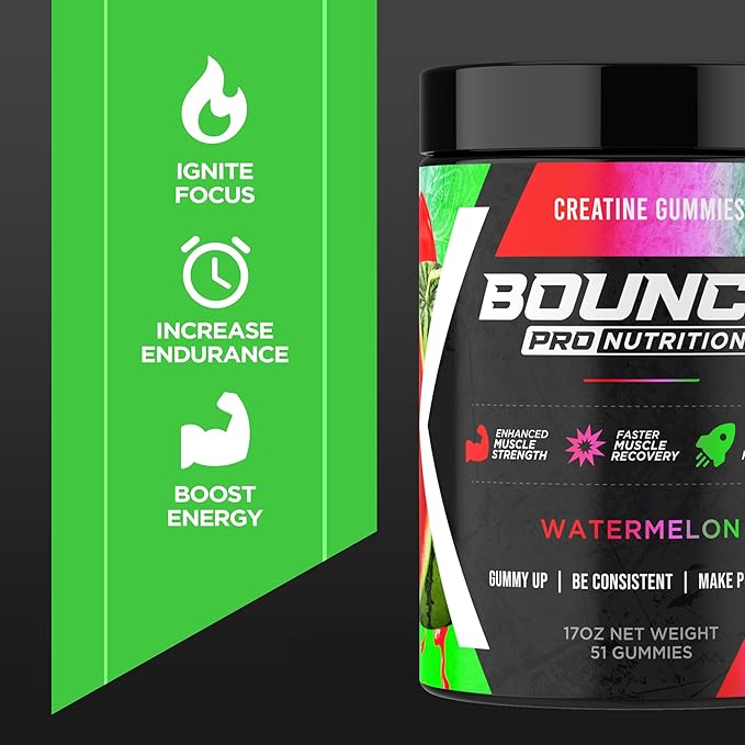 Bounce Pro Creatine Monohydrate Gummies for Men & Women, Low Calorie, 6G of Creatine per Serving, Vegan, Anti-Melting, Gluten-Free, Non-GMO, 2g of Creatine per Gummy (72ct, Watermelon)