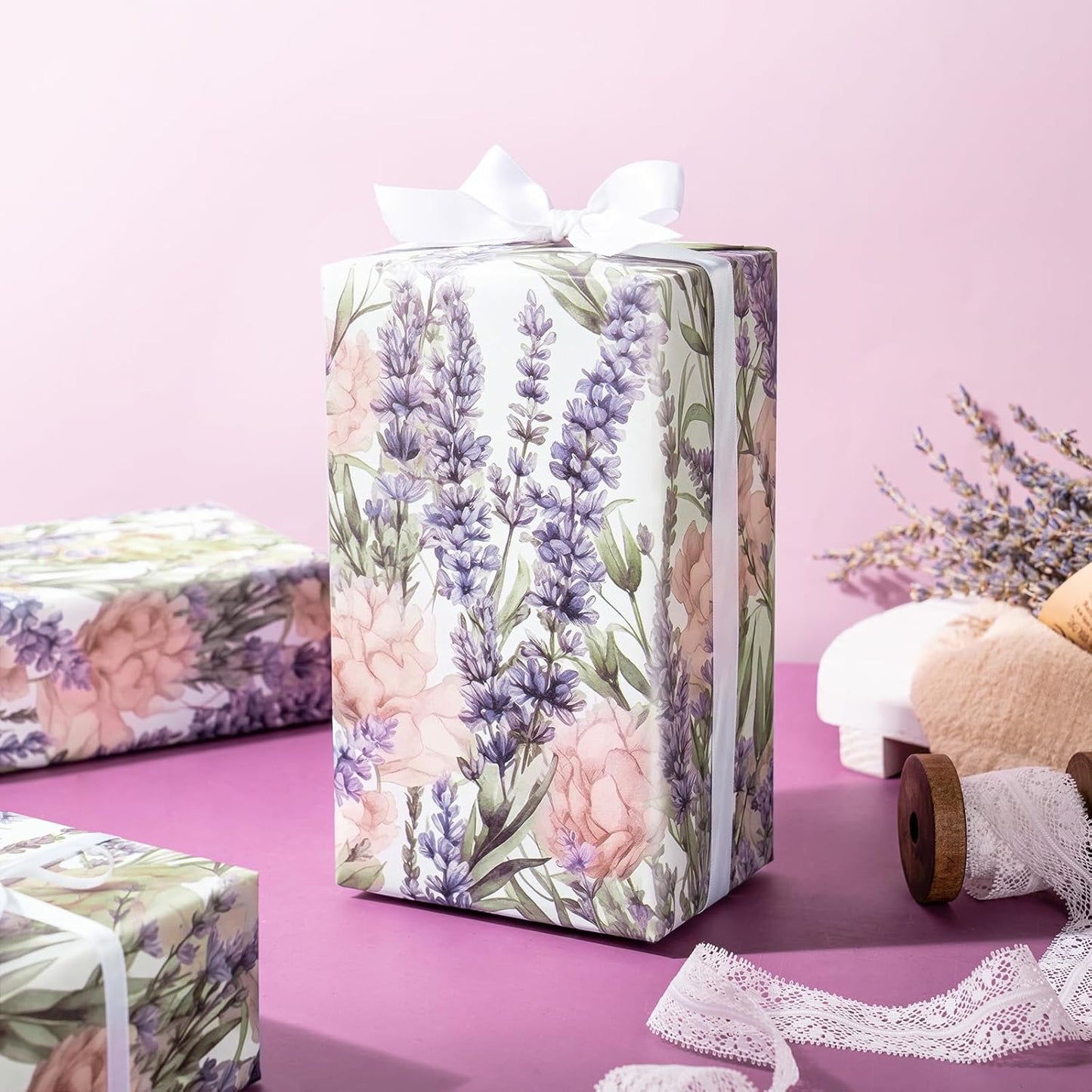 WRAPAHOLIC Floral Wrapping Paper Roll - Mini Roll - 17 Inch x 9.8 Feet - Lavender Flower Wrapping Paper, Perfect for Girls Women Birthday, Wedding, Bridal Shower