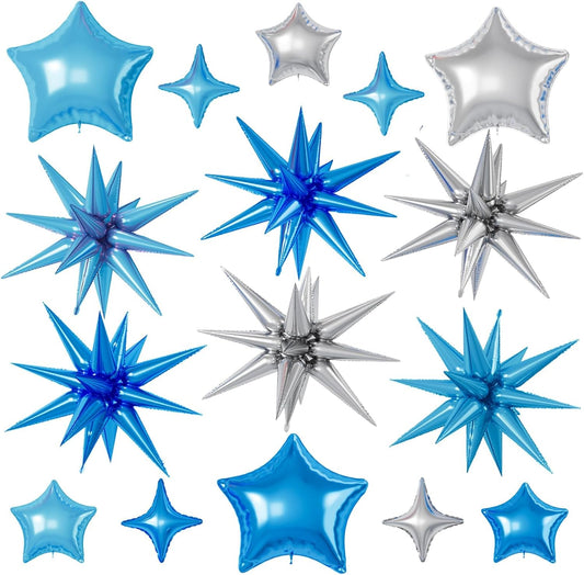 16 Pcs Blue Silver Star Balloons, 22/18/10 Inch Foil Balloons, Four-Pointed Balloon for Kids Boy Men Birthday Graduation Wedding Baby Shower Party Decorations