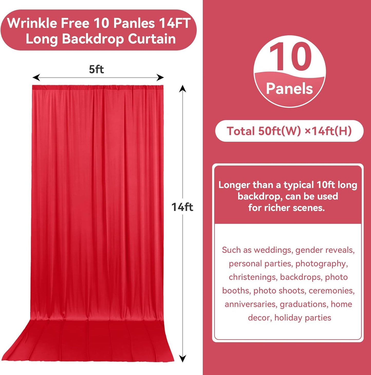50ftx14FT Wrinkle Free Red Backdrop Curtain, 10 Panels 14FT Height Red Wedding Backdrop Drapes, Silky Polyester Back Drop Cloth for Birthday Photography Background Party Backdrop Draping