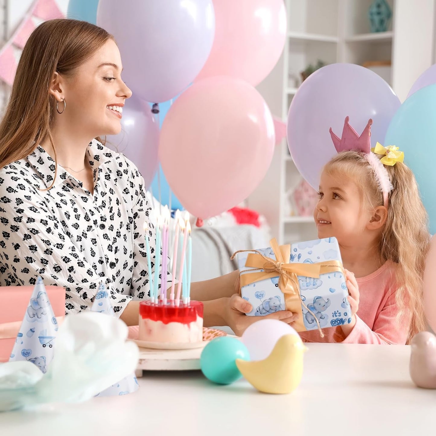 Aimyoo Blue Baby Shower Wrapping Paper Roll - 17 Inch X 32.8 Feet - Cute Elephant with It‘s A Boy Letter Design Perfect for Boys, Birthday, Party