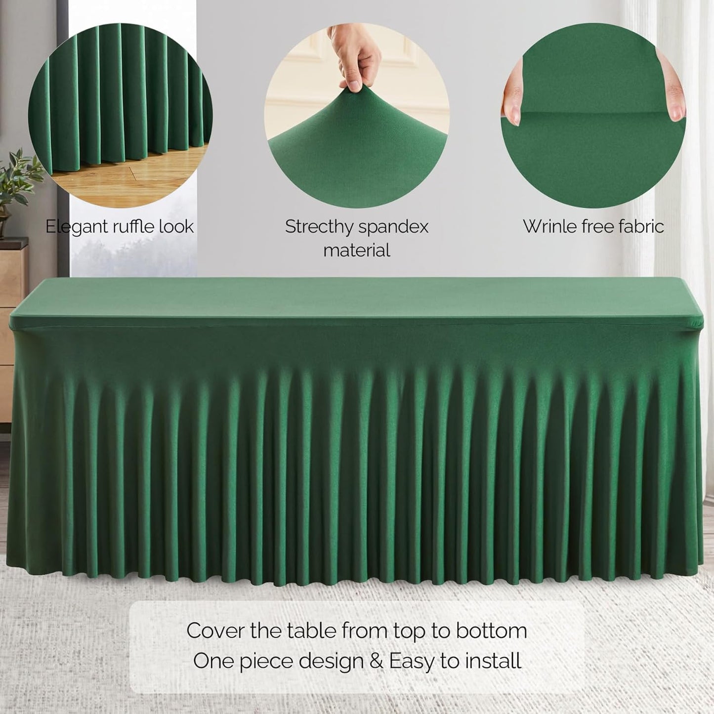 Wish Care 2 Pack Hunter Green Spandex Table Clothes for 4 Foot Rectangle Tables, 4FT Wrinkle Free Fitted Tablecloths Ruffles Design Table Cover for Party, Banquet, Wedding and Events