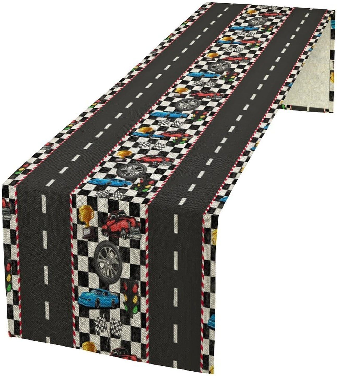 Race Car Table Runner,Checkered Flag Black and White Race Cars Pattern Print Tablecloth Burlap for Hotel Indoors Outdoor Dining Room Kitchen Home Decor,W13X L60 in
