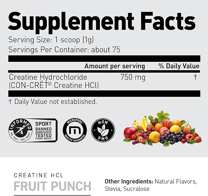 Kaged Creatine HCl Powder | Fruit Punch | Muscle Building & Recovery | Patented Creatine Hydrochloride Formula | Vegan, Gluten Free, Easily Digestible | Supplements for Men & Women | 75 Servings