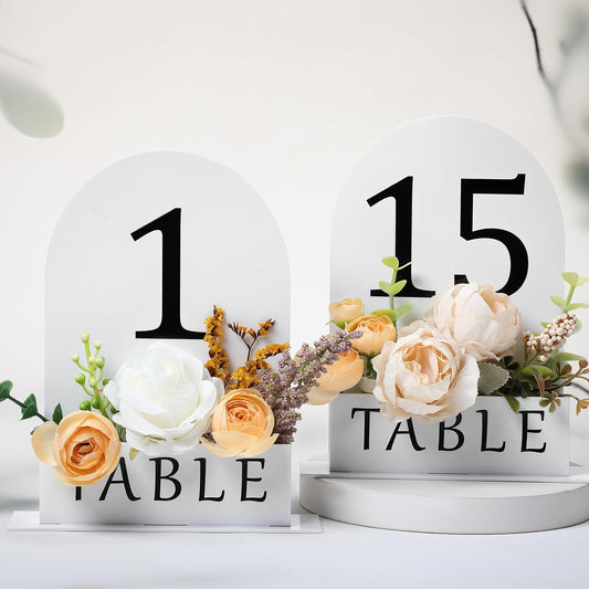 Table Number 1-15 for Wedding Reception Arch Acrylic Wedding Table Number with Flower Trough 5" x 7" Mirrored Rustic Centerpiece for Reception Bridal Shower Party Catering Banquet(White)
