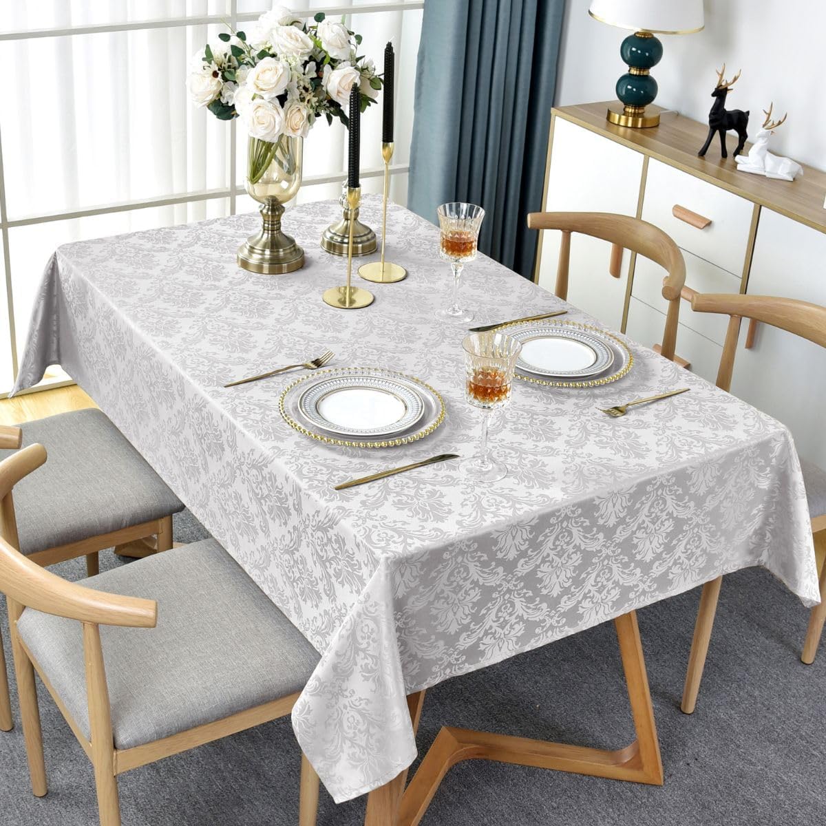 SASTYBALE Rectangle Tablecloth - 52 x 70 Inch Gray Damask Table Cloth Jacquard Design Spill Proof Wrinkle Resistant Waterproof Soft Polyester Oblong Table Cover for Kitchen Parties Tabletop