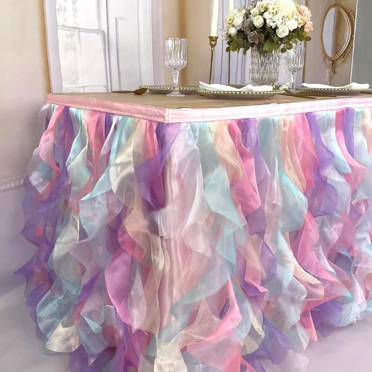Luxury Organza Mesh Table Skirt Draping Floating Romance - Perfect for Bridal Showers, Birthday Weddings - Clear Flowing Decoration for a Wonderful Main Cake Table (Colorful-6ft, 72" L×30" H)