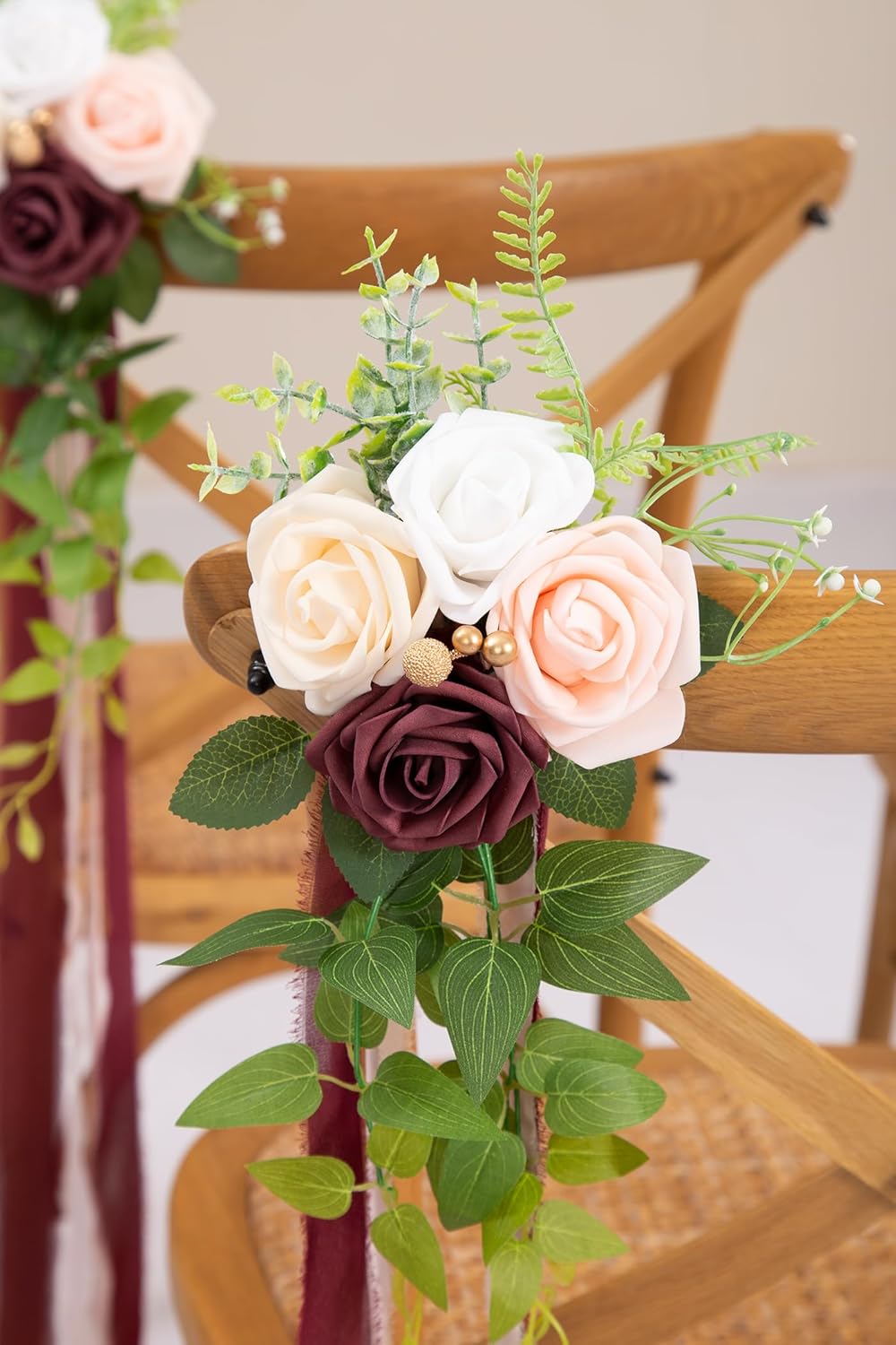 DORIS HOME Wedding Chair Decorations Burgundy Pew Flowers Set of 10 for Wedding Ceremony Party Aisle Decor with Artificial Flowers Eucalyptus and Ribbons