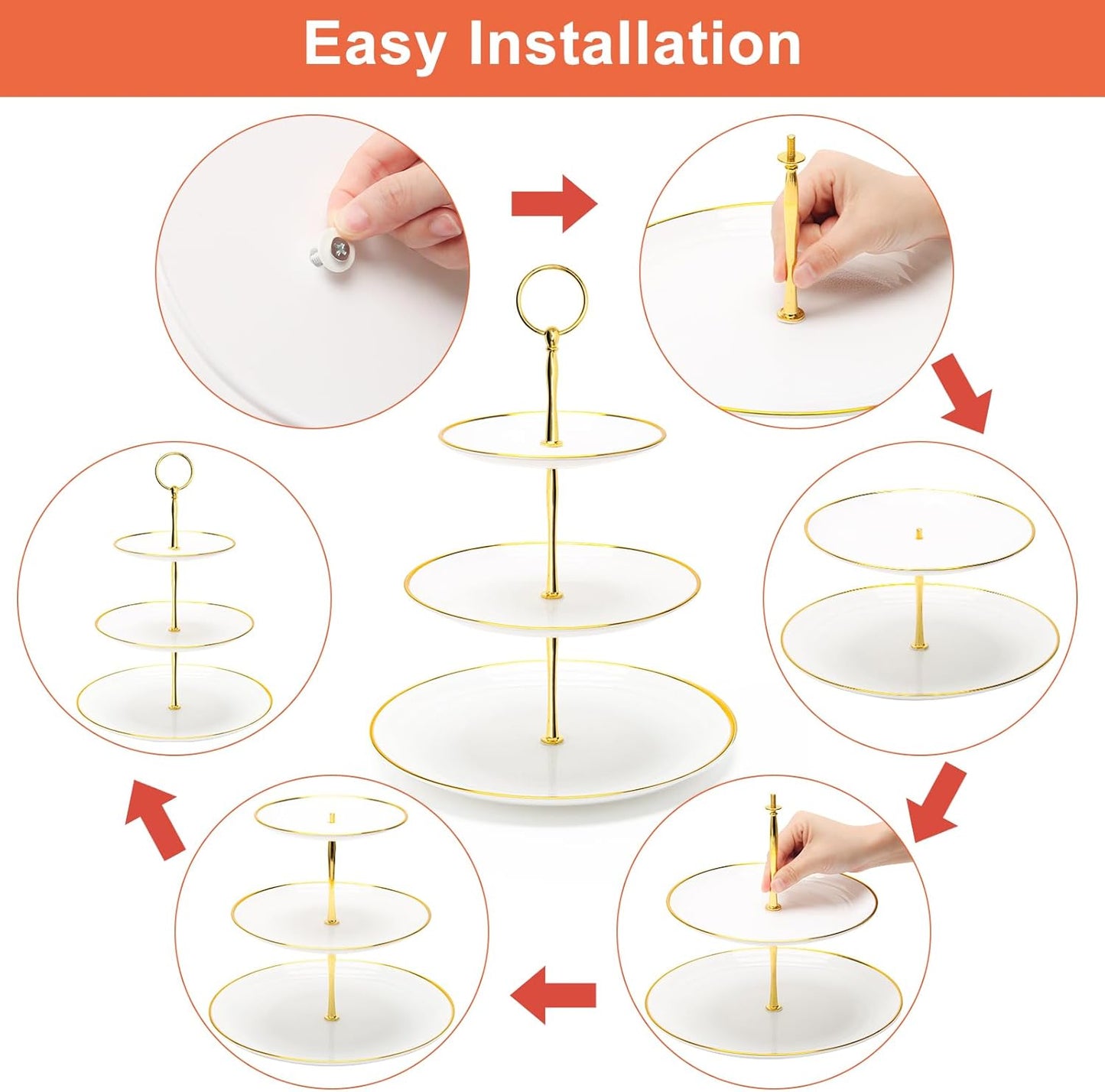 Coitak 3 Tier Cupcake Stand, Plastic Tiered Serving Stand, Dessert Tower Tray for Tea Party, Baby Shower and Wedding (Round-gold edge)