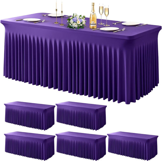 Wish Care 6 Pack Dark Purple Spandex Table Clothes for 8 Foot Rectangle Tables, 8FT Wrinkle Free Fitted Tablecloths Ruffles Design Table Cover for Party, Banquet, Wedding and Events