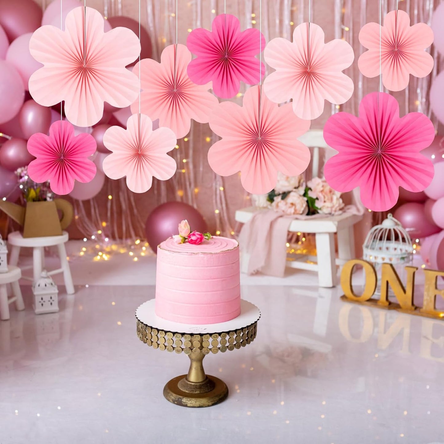 Easy Joy Hot Pink Paper Flowers Decorations for Wall Pink Paper Fans Classroom Decoration Paper Floral Backdrop Decor Paper Fans Decoration Hanging Paper Fans Pink Flower Wall Decor, Set of 9