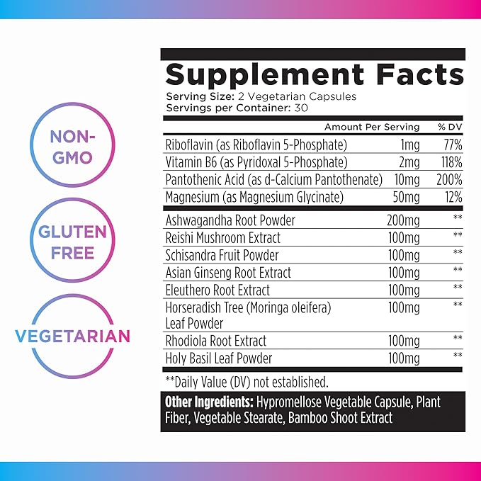Livingood Daily Stress Support, 12-in-1 Supplement with Ashwagandha, Reishi Mushroom, Vitamin B6, Adaptogenic Herbs & Magnesium, Supports Mood & Calm, Gluten Free, Vegan, 60 Vegetarian Capsules