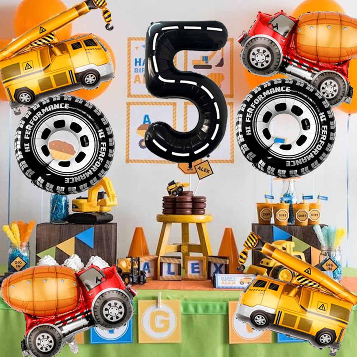 Construction Balloons 5rd Birthday Decorations for Boys 40inch Number 5 Balloons Truck Foil Balloon for Construction Birthday Party Decorations Supplies