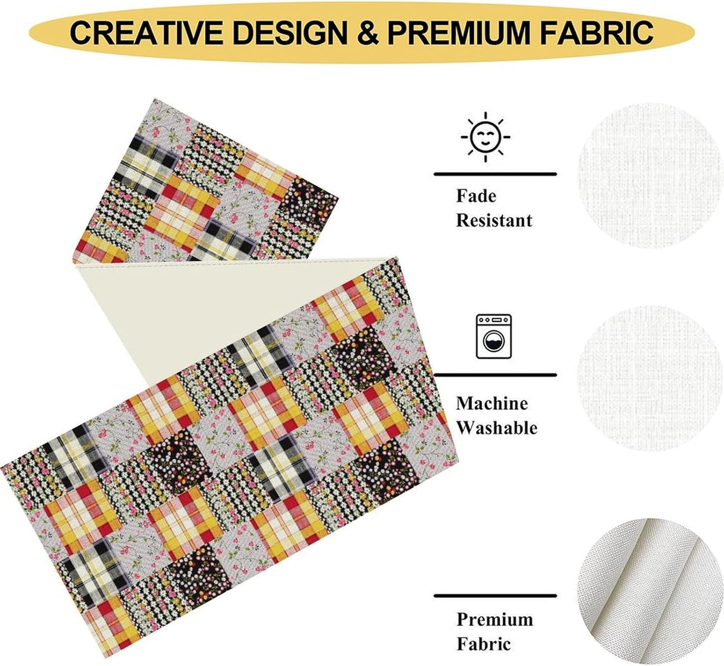 Patchwork Table Runner, Boho Vintage Floral Checkered Plaid Bohemian Paisley Flower Farmhouse Table Center Decor for Home Kitchen Dining Patio Holiday Party Indoor Table Decorations, 13"x72" Inch