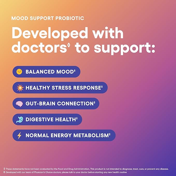 Physician's CHOICE Mood Support Probiotic - Supports a Balanced Mood, Healthy Stress Response & Digestive Health with Prebiotics, Ashwagandha, Vitamin B12, Folate - for Men & Women - 30ct