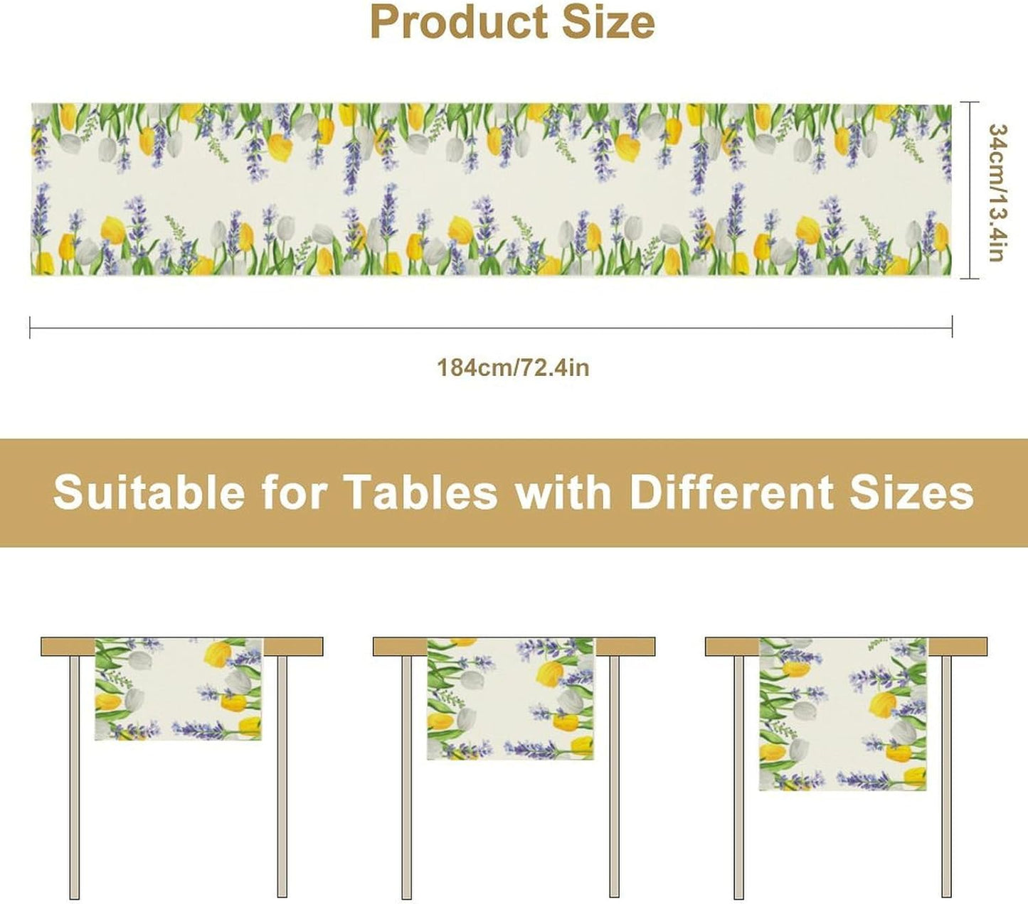 Floral Tulip Lavender Table Runner, Spring Watercolor Flower Plants Nature Butterfly Table Runner for Kitchen Dinner Living Room Home Party, 13x108 Inch