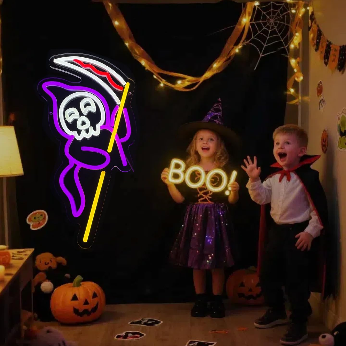 Grim Reaper Neon Sign Halloween, USB Halloween Neon LED Light for Wall Decor, Grim Reaper Ghost Halloween Sign Decorations for Home Bar Salon Coffee Stores Porch Front Door