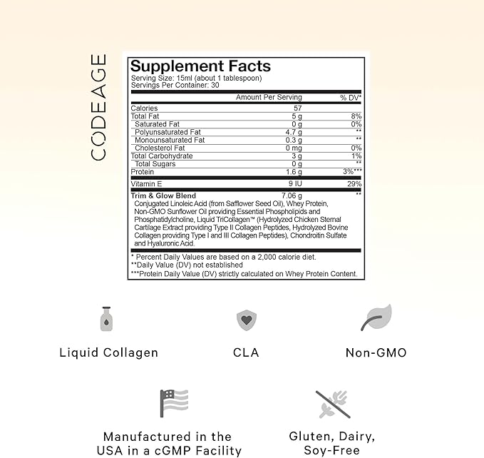 Codeage Liquid Collagen Supplement Vanilla Flavor, Beauty Trim & Glow Liposomal Collagen Peptides, CLA Conjugated Linoleic Acid, Hyaluronic Acid, Vitamin E, Hydrolyzed, Non-GMO, 15.22 fl oz
