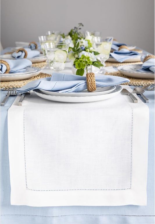 Solino Home Linen White Table Runner 144 Inches Long - 100% Pure Linen Extra Long Table Runner 14 x 144 Inch for Fall, Autumn, Halloween, Thanksgiving, Christmas, Holiday - Classic Hemstitch