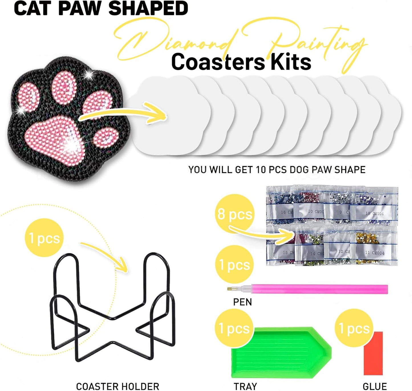 10 pcs Diamond Painting Coasters | Diamond Art Coasters | Cat Paw Diamond Art Painting | Perfect Art Craft Gift for Cat Lover, Dad, Mom, Grandparents, Brother, Sister.