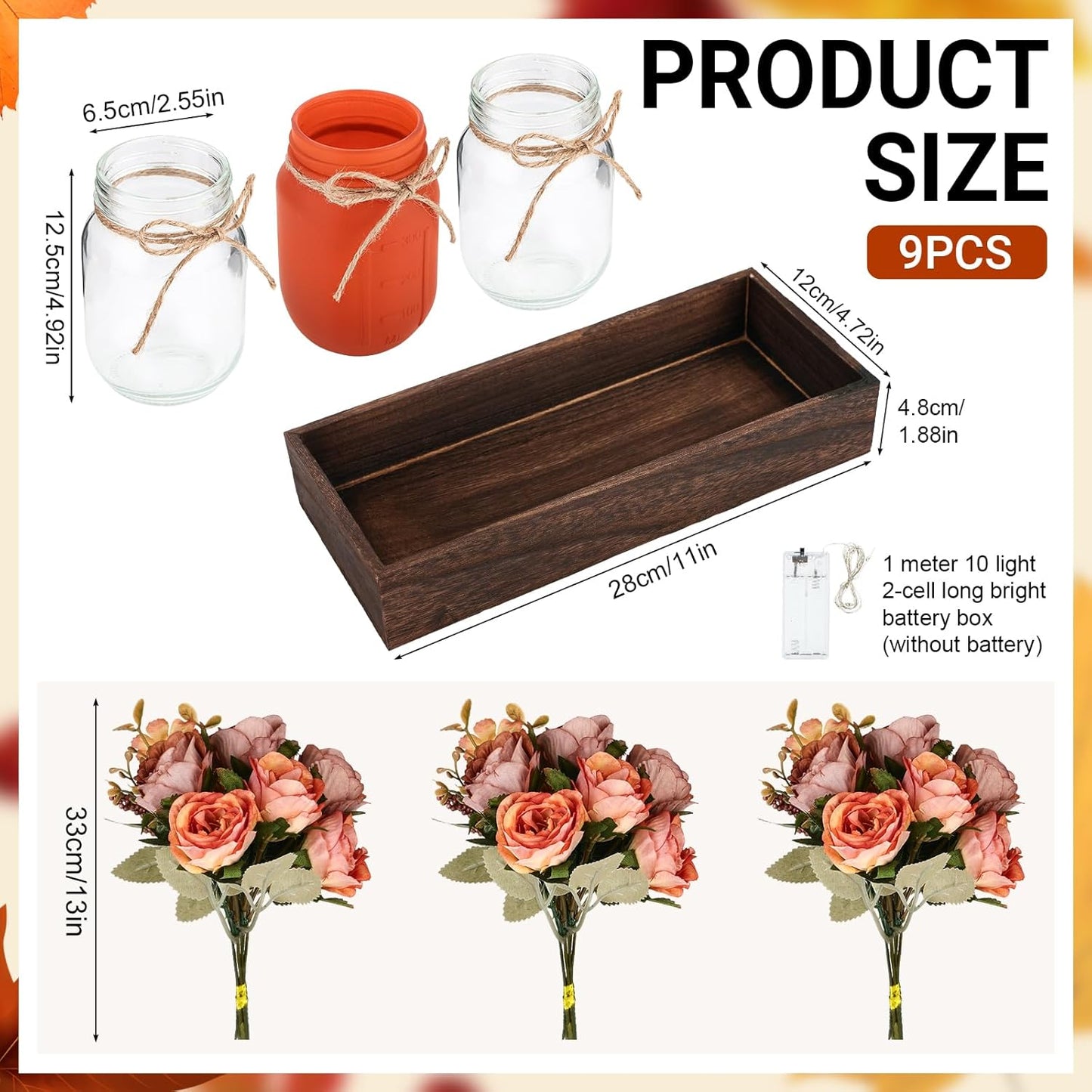 VAIPI Fall Decor Mason Jar Centerpiece Table Decorations with 3 Jar Flowers String Lights and Wooden Tray Fall Decorations for Home Dining Room Farmhouse Autumn Wedding Kitchen Living Room Bathroom