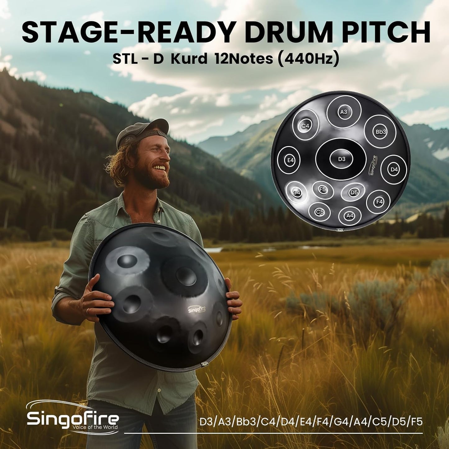 "SINGOFIRE" 12-Notes Handpan Drum, Handpan Drums for Adults, 22-Inch 440Hz D Minor Kurd Handpan, HandPan Instrument with Soft Handpan Bag, 2 Handpan Mallets, Handpan Stand and Dust-Free Cloth(Black)
