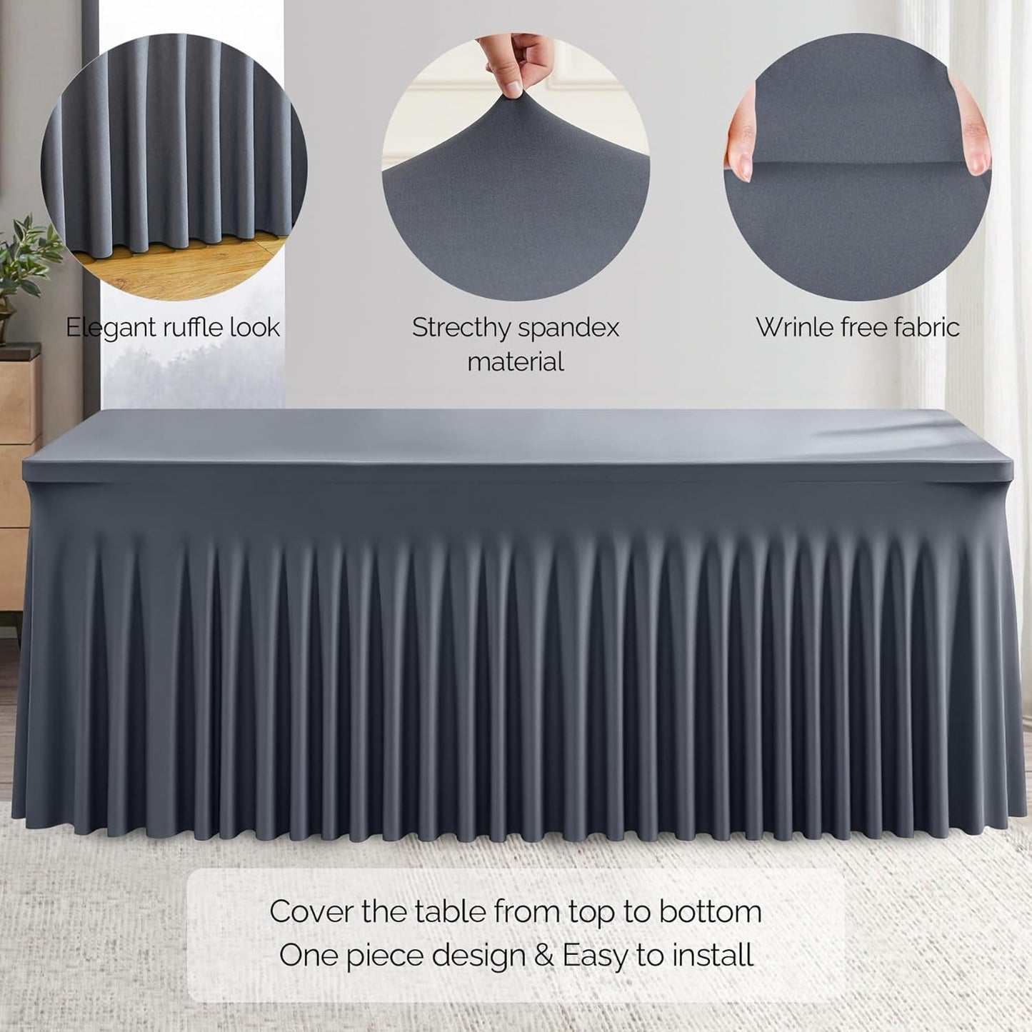 Wish Care 2 Pack Gray Spandex Table Clothes for 8 Foot Rectangle Tables, 8FT Wrinkle Free Fitted Tablecloths Ruffles Design Table Cover for Party, Banquet, Wedding and Events