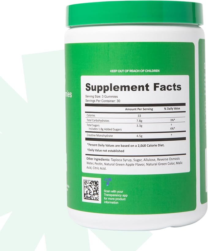Creatine Monohydrate Gummies for Men & Women - Boost Focus, Strength, and Endurance, Anti-Melting Formula, Vegan, Gluten-Free, Non-GMO, 1.5 Gram Creatine per Gummy (Sour Green Apple, 90 ct)