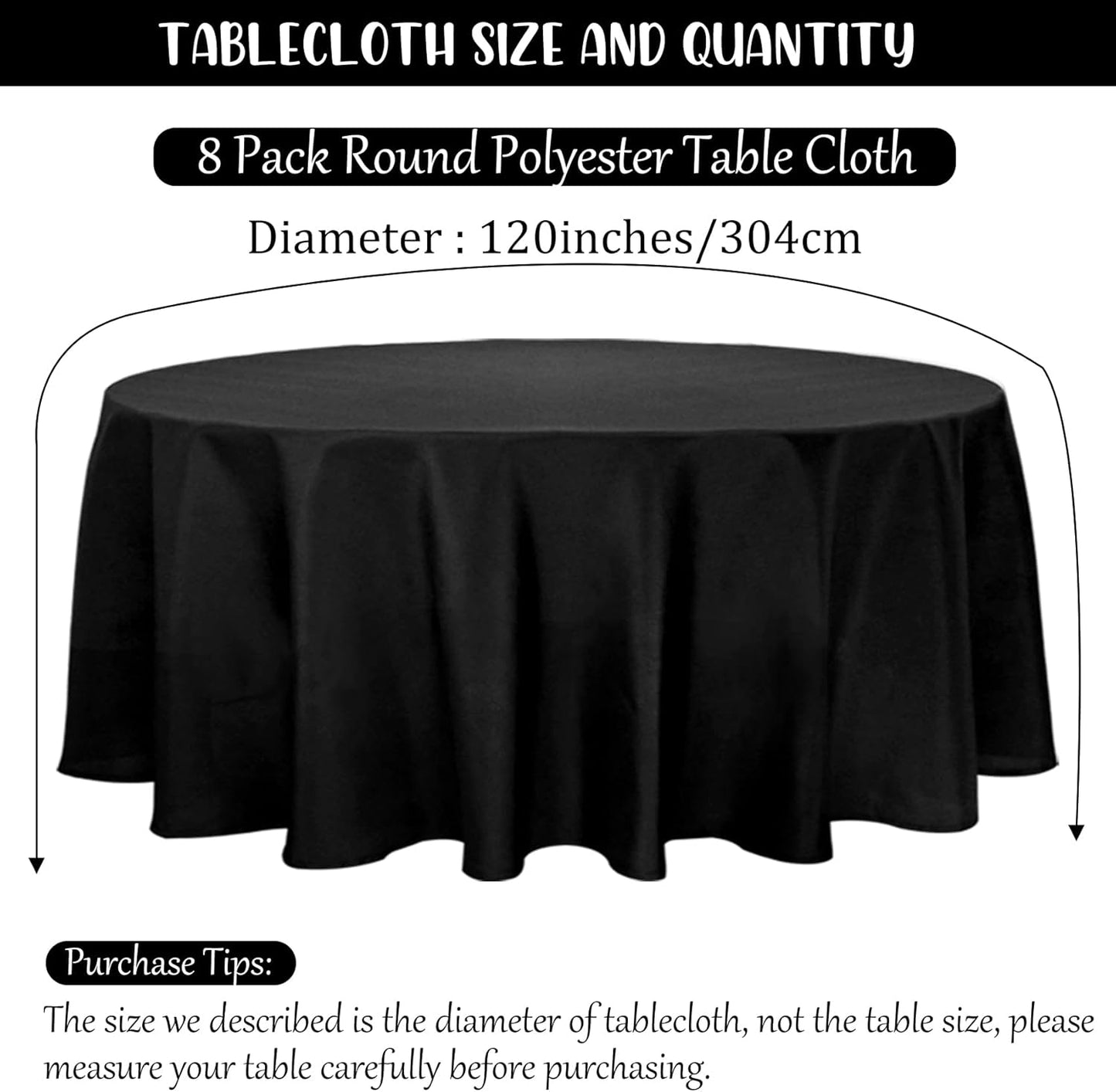 8 Pack Premium Round Tablecloth 120 Inch Round Table Covers Washable Polyester Fabric Round Table Clothes for Wedding Party Reception Banquet Buffet Restaurant (Black, 120 Inch)