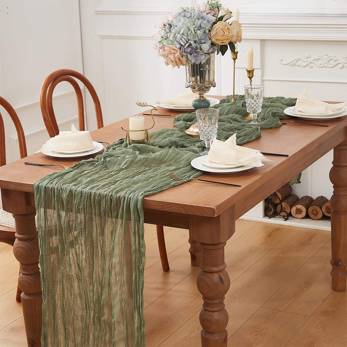 Sage Green 2 Pack Cheesecloth Table Runner 120 Inch 10 FT Boho Rustic Gauze for Wedding Baby Shower Party Farmhouse Summer Home Decor Washable