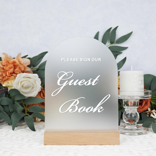 Wedding Guest Book Sign for Ceremony and Reception, Acrylic Wedding Signs with Wood Stand, 5x7" Frosted Arch Please Sign Our Guestbook sign, Perfect for Rustic Wedding Decoration, Party, Anniversary
