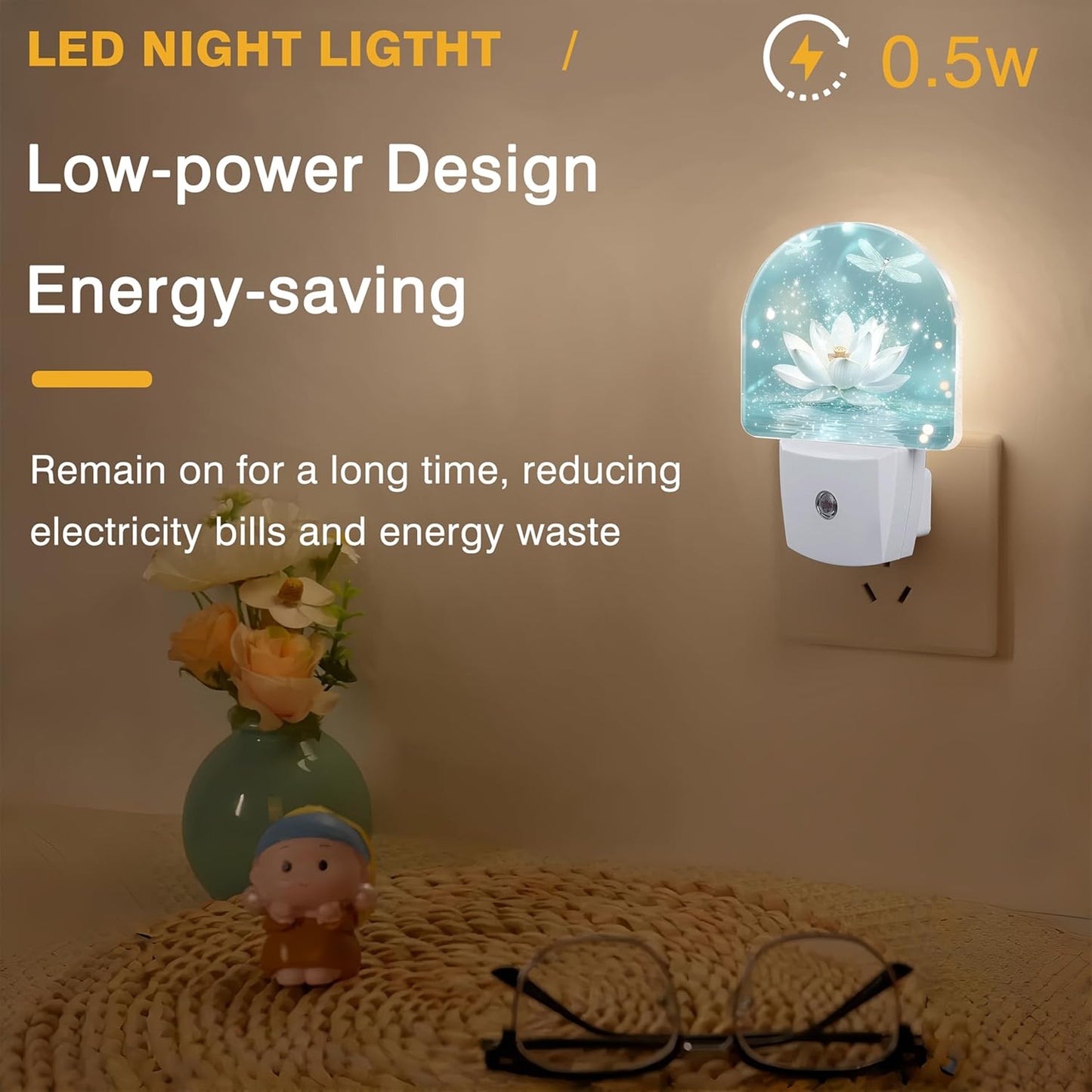 Night Lights Plug into Wall White Lotus and Dragonfly Night Light Dusk to Dawn Smart Sensor Decorative Round Led Lamp for Bedroom Kitchen Hallway Nightlight for Women Men