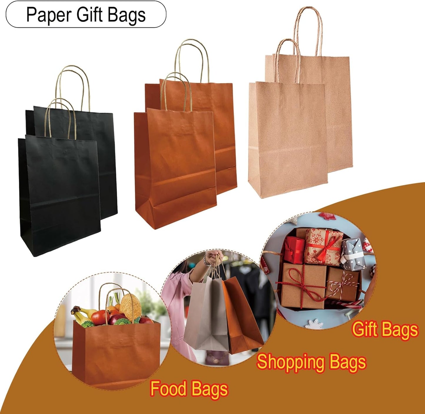 BAG BOX 25 Pack Small 5.9x3.1x8.25 Inch Orange Kraft Paper Gift Bags with Handles for Bulk Shopping, Retail, Craft, Party Favors, Wedding, Grocery & Sacks