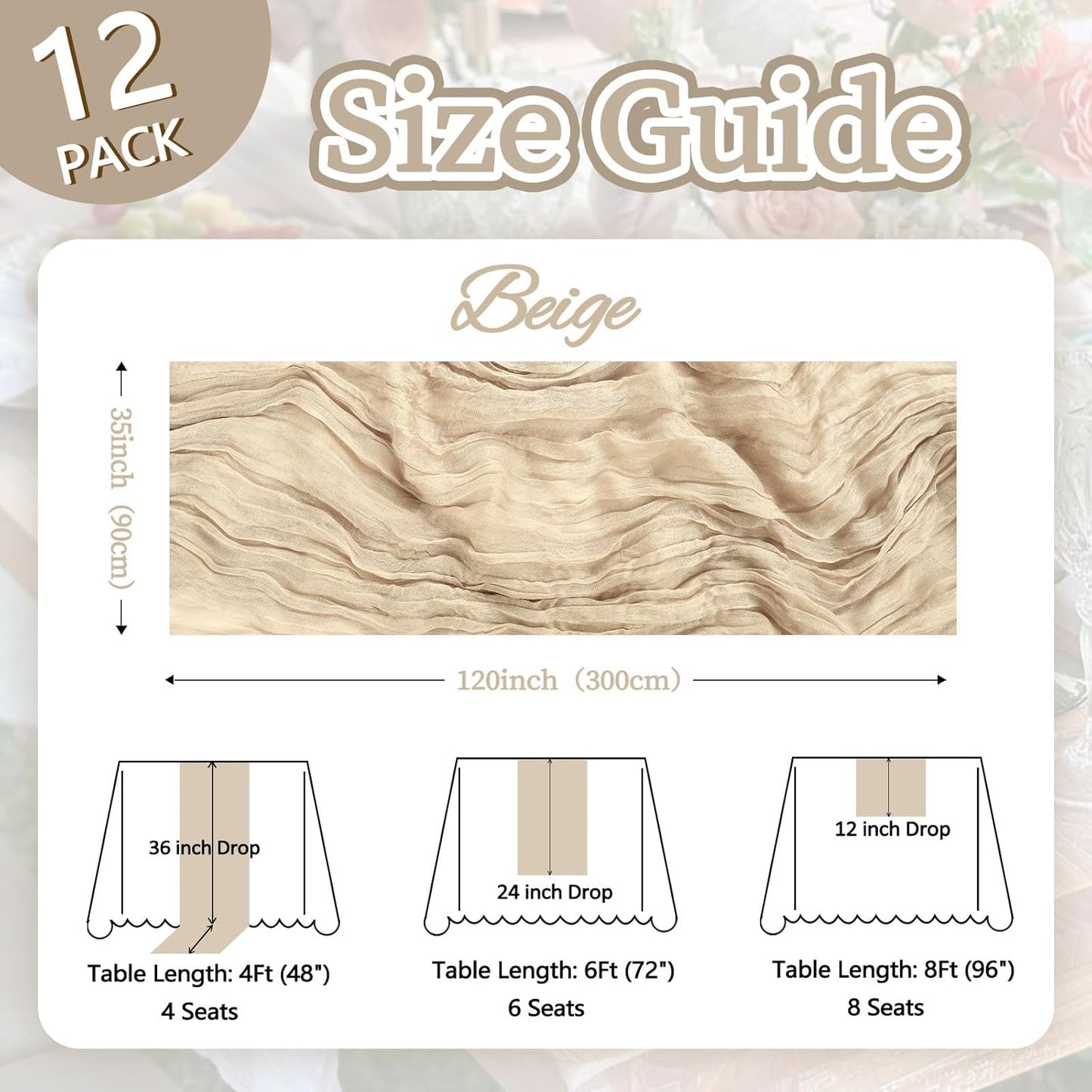 12 Pack Beige Cheesecloth Fall Table Runner 10ft Boho Gauze Fabric Cheese Cloth Table Runner 35 x 120 Inch Rustic Sheer Runner for Thanksgiving Wedding Decor Baby Shower Party Centerpiece Decoration