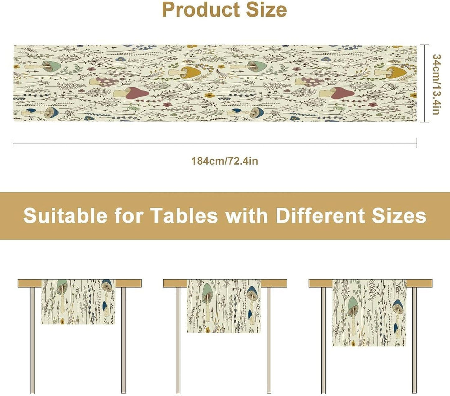 Mushroom Table Runner,Colorful Wild Plants and Fungus Botanical Plants Pattern Print Burlap for Hotel Indoors Outdoor Dining Room Kitchen Holiday Party, 13x36in