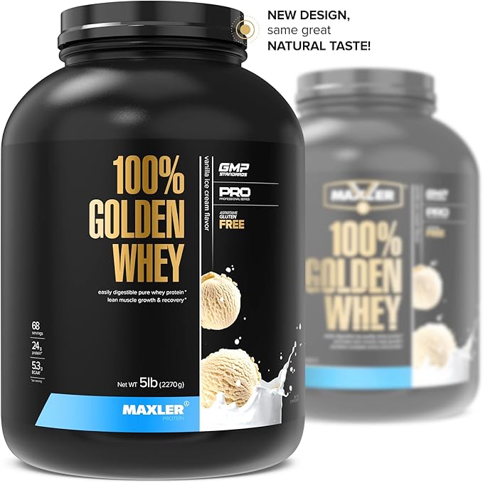Maxler 100% Golden Whey Protein - 24g of Protein per Serving - Premium Whey Protein Powder for Pre Post Workout - Fast-Absorbing Whey Concentrate, Isolate & Hydrolysate Blend - Vanilla Ice Cream 5 lb