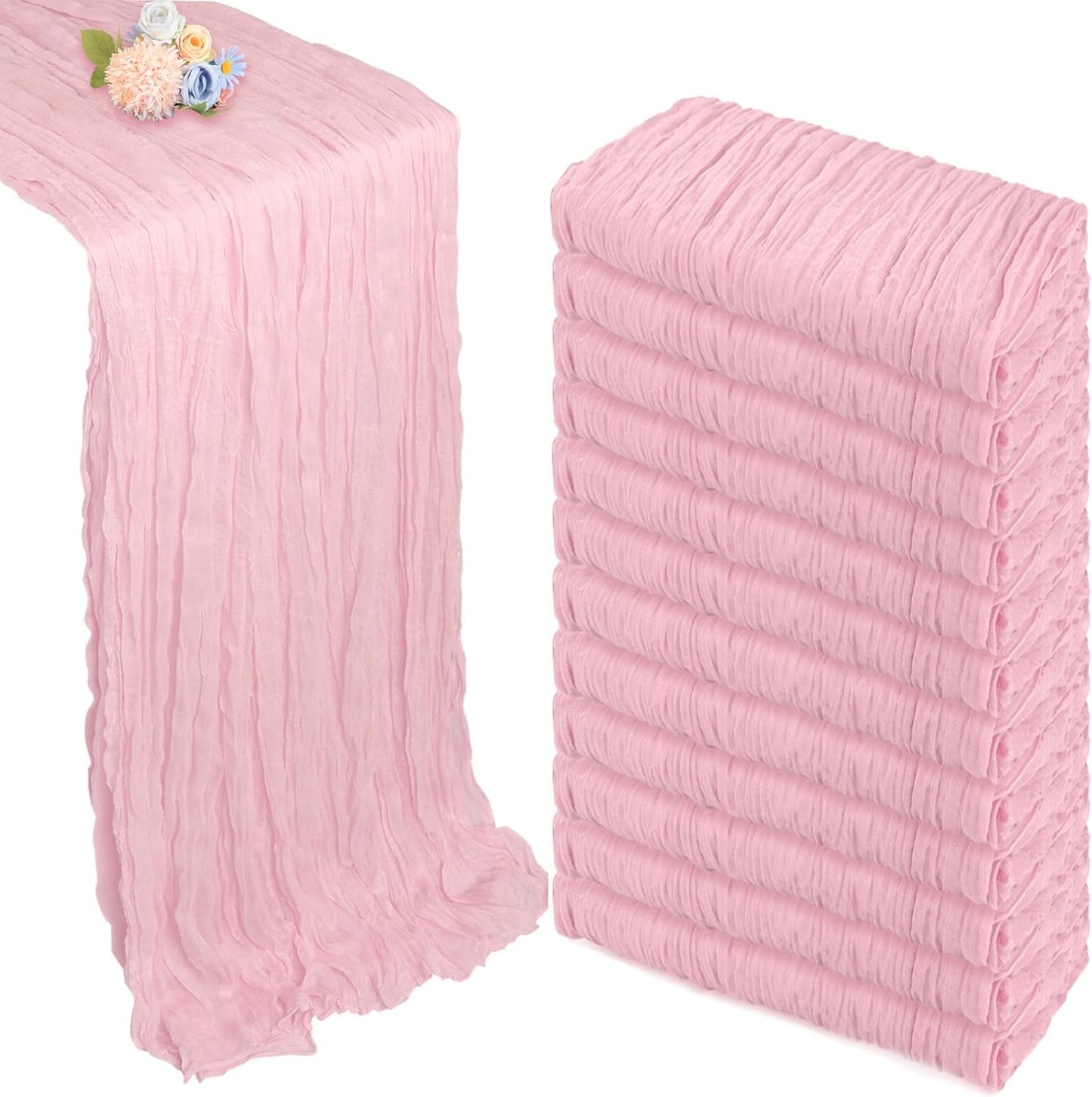 12 Pack Pink Cheesecloth Table Runner 10ft Boho Gauze Fabric Cheese Cloth Table Runner 35 x 120 Inch Rustic Sheer Runner for Romantic Wedding Decor Baby Shower Party Table Centerpiece Decoration