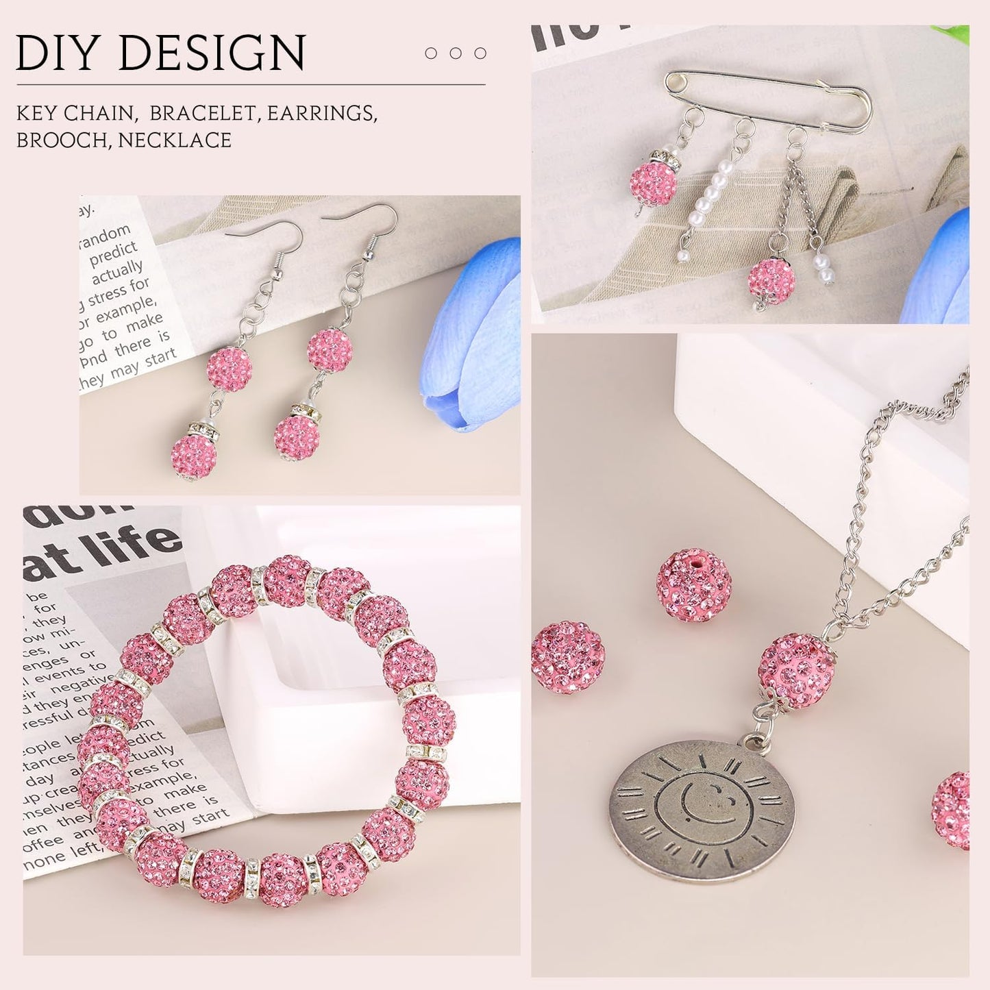 150pcs 10mm Rhinestone Beads for Jewelry Making, Dark Pink Shiny Round Shamballa Disco Ball Beads Bulk, Sparkle Crystal Clay Christmas for Bracelet Baseball Necklace Earring Crafting and DIY