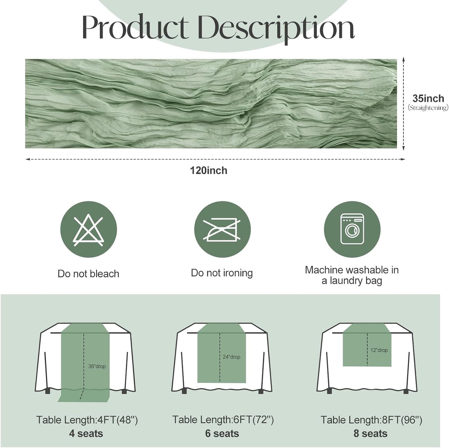 2 Pcs Sage Green Cheesecloth Table Runner - 120 inch 10FT Boho Rustic Gauze Cheese Cloth Table Runner Decor for Spring Summer Party Wedding Birthday Baby Bridal Shower Home