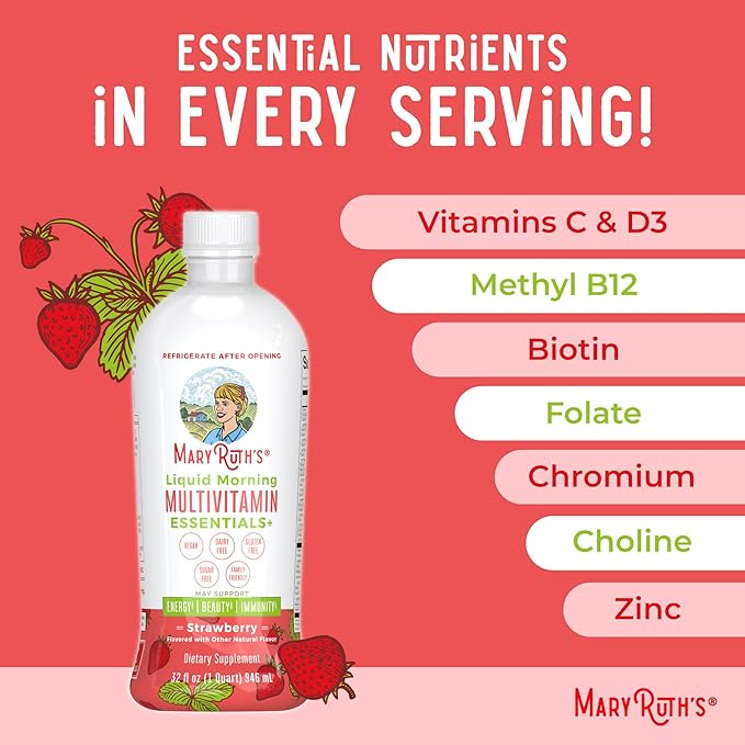 MaryRuth Organics Liquid Morning Multivitamin Essentials+ | Vitamin A C D E B6 B12 Biotin Zinc | Men's & Women's | Immune Support | Beauty | Sugar Free | Vitamins for Ages 1+ | Vegan | 32 Fl Oz