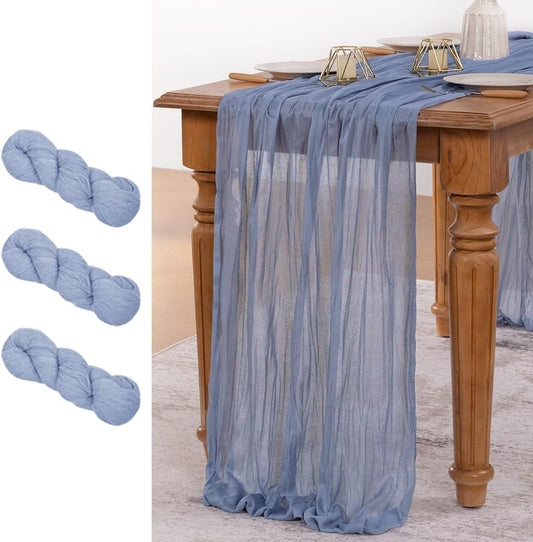 MLMW 3 Pack Dusty Blue Table Runner Cheesecloth Gender Reveal Boho Gauze Rustic Cheese Cloth Table Runner 160 inch Sheer 13.3ft for Wedding Party Baby Bridal Shower Birthday