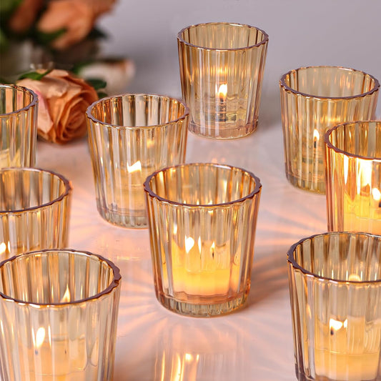24PCS Vintage Ribbed Gold Votive Candle Holders, Glass Candle Holder for Wedding Decorations, Tealight Candle Holder for Table Centerpiece, Diwali, Home and Party Decorations