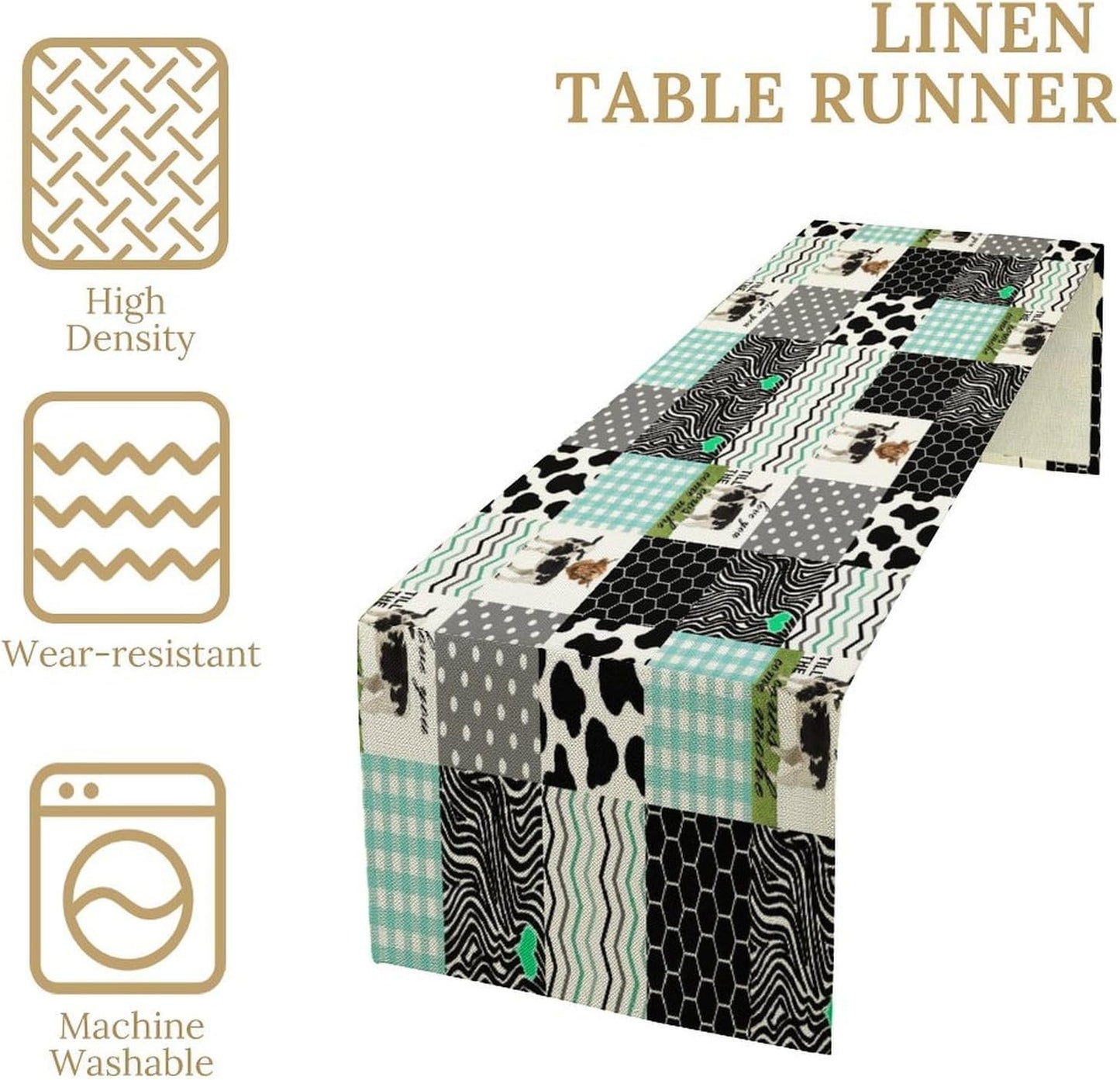 Cute Cow Print Table Runner,Farm Animals Honeycomb Plaid Stripes Cowhide Pattern Tablecloth Burlap for Hotel Indoors Outdoor Dining Room Kitchen Table Decor, 13x90in