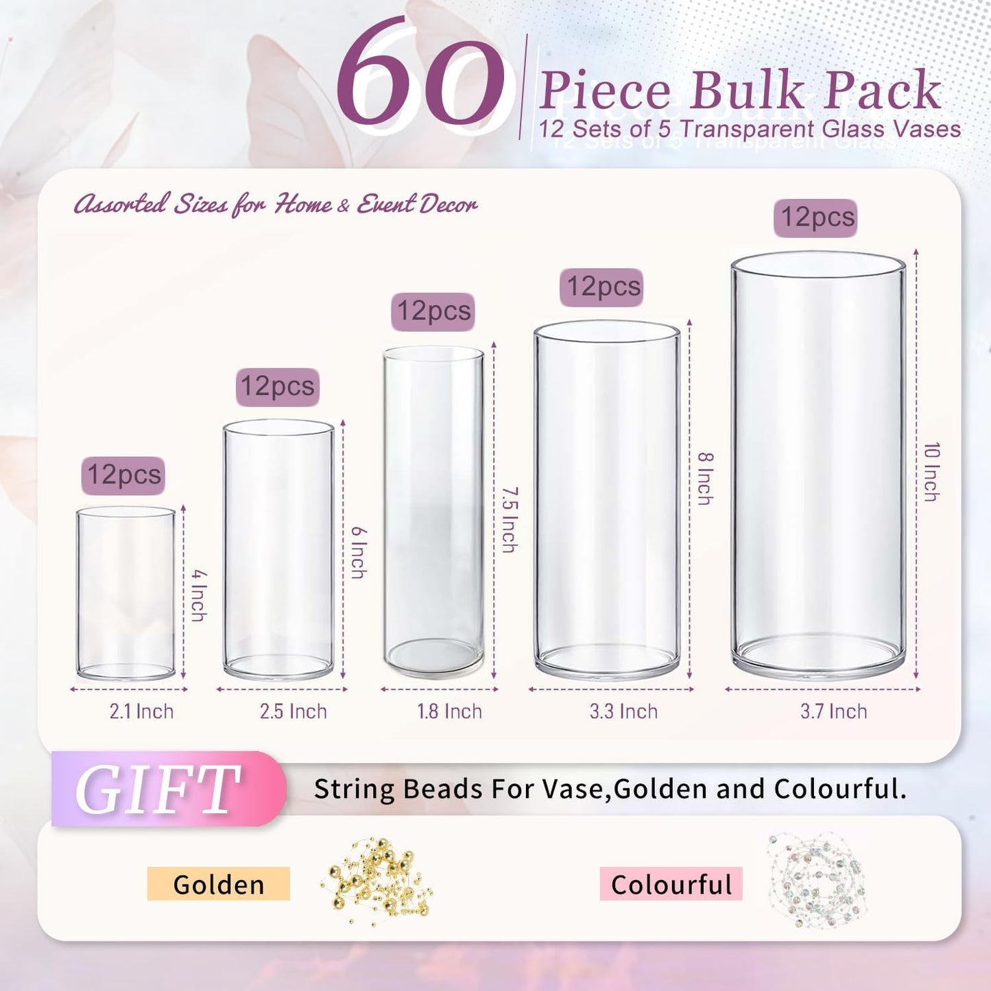 60pcs Glass Vase Cylinder Vases for Centerpieces Small Flower Glass Vases Home Decor Centerpiece Table Clear Flower Vase Decorations for Wedding＆Holiday 4,6,7.5,8,10 Inch Tall