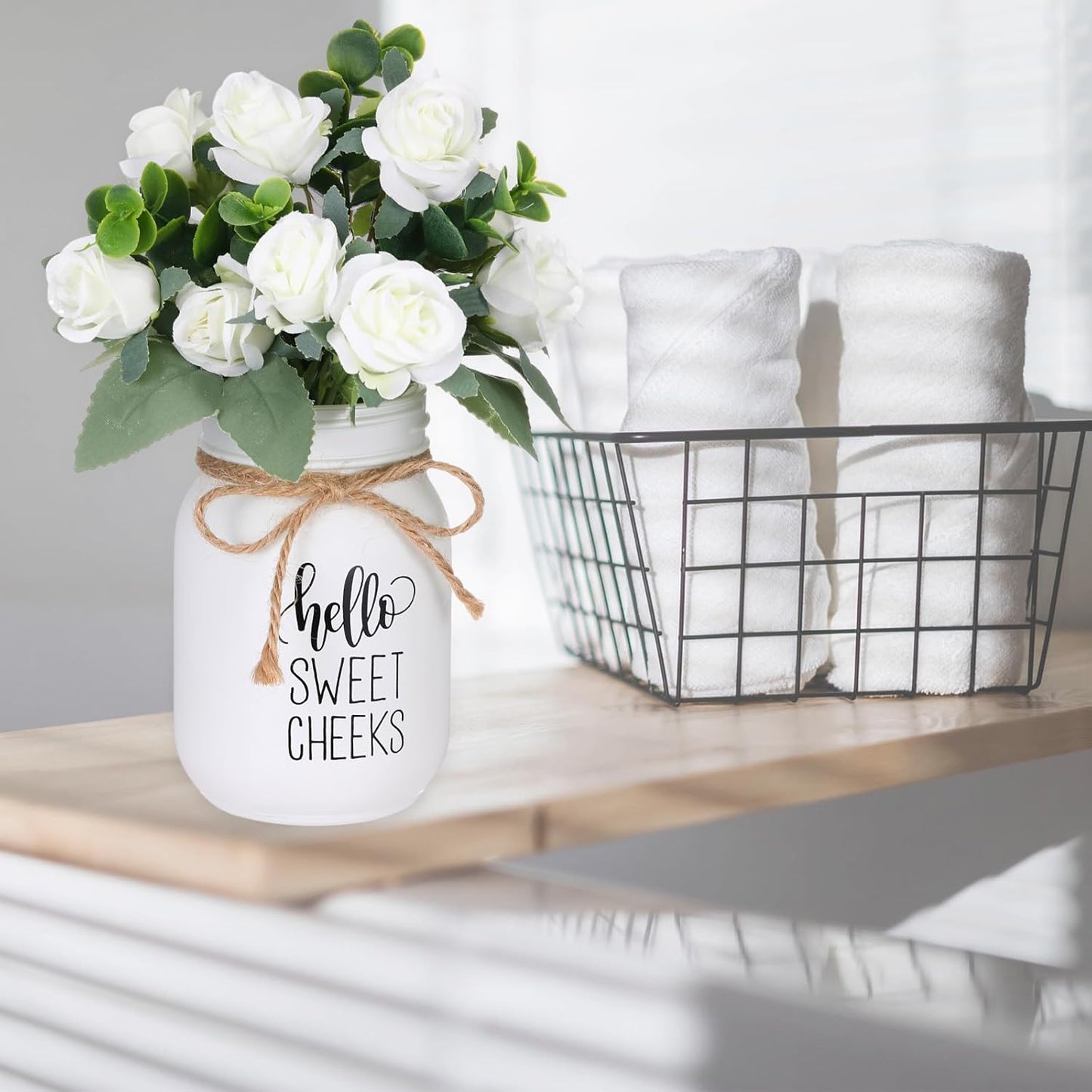 XunYee Farmhouse Bathroom Decor Hello Sweet Cheeks Sign Mason Jar with Flowers 16.9 oz White Mason Jar Centerpiece Table Rustic Decor for Restroom Bathroom Shelf Bridal Shower Kitchen