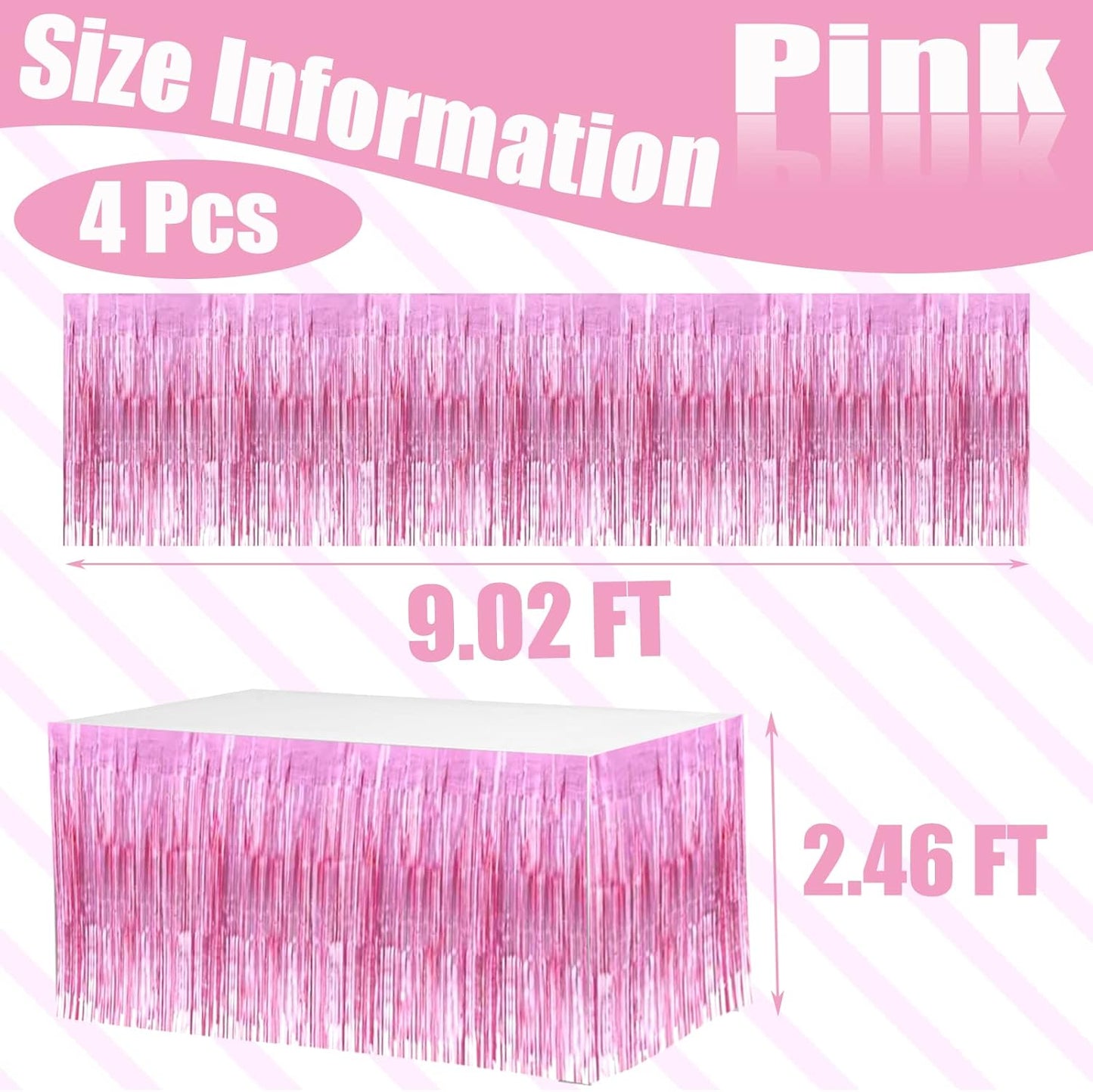 4 Pack 29x108 Inch Valentine's Day Metallic Foil Fringe Tinsel Table Skirts for Rectangle Tables Streamer Curtains Backdrop for Wedding, Birthday, Parade Floats Mardi Gras Party Decorations(Pink)