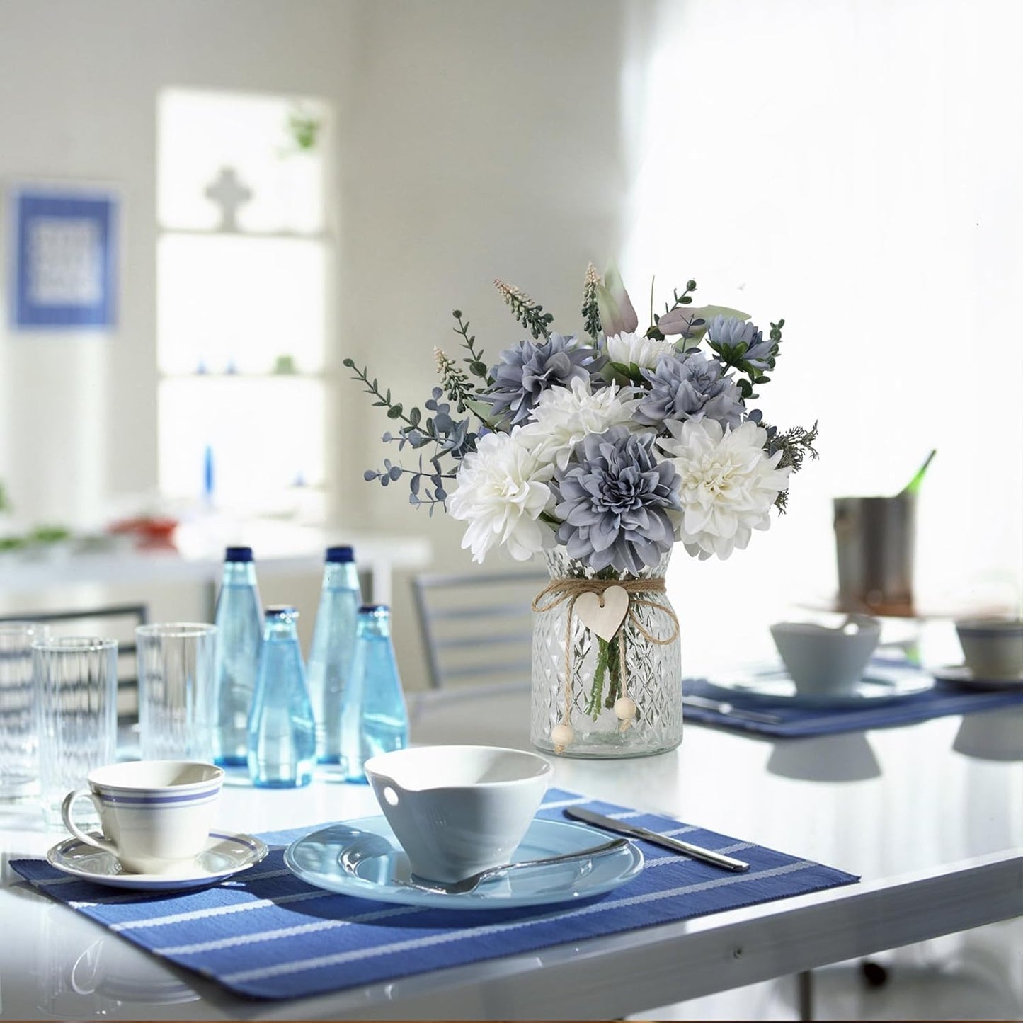 Fake Flowers with Vase,8 Dahlias, with a Flower Arrangement Holder,Silk Faux Dahlia Artificial Flowers in Vase,Centerpiece Table Decorations,Coffee Table Decor