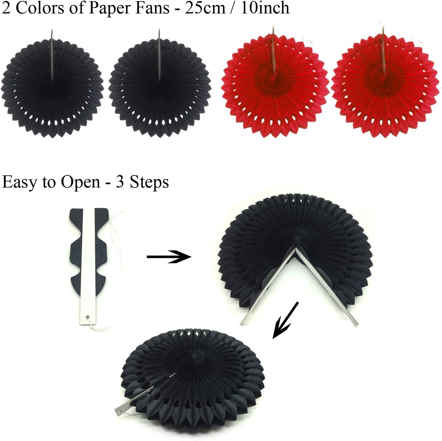 ZERODECO Party Decoration, 21 Pcs Black and Red Hanging Paper Fans Pom Poms Flowers, Garlands String Polka Dot and Triangle Bunting Flags for Minnie Mouse Birthday Parties Baby Showers Wedding